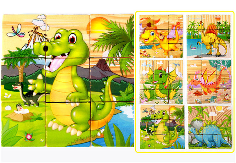 6 puzzles en un avec 9 cubes en bois à assembler Dinosaures