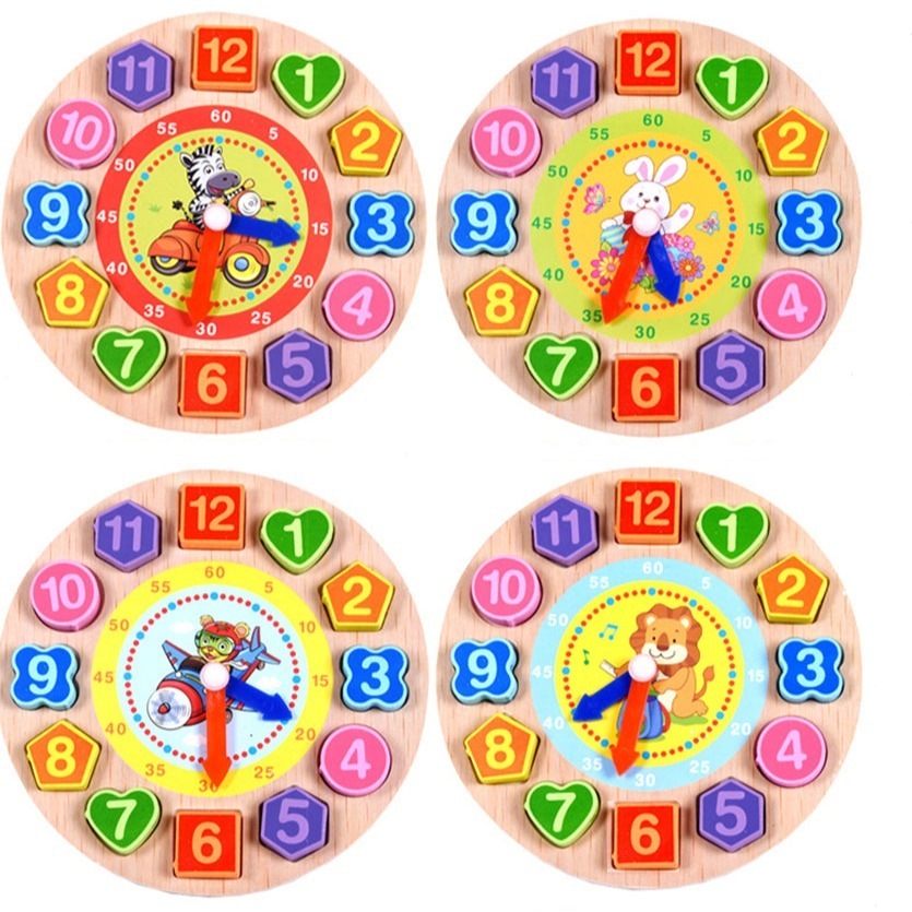 Horloge puzzle en bois avec formes et chiffres colorés 