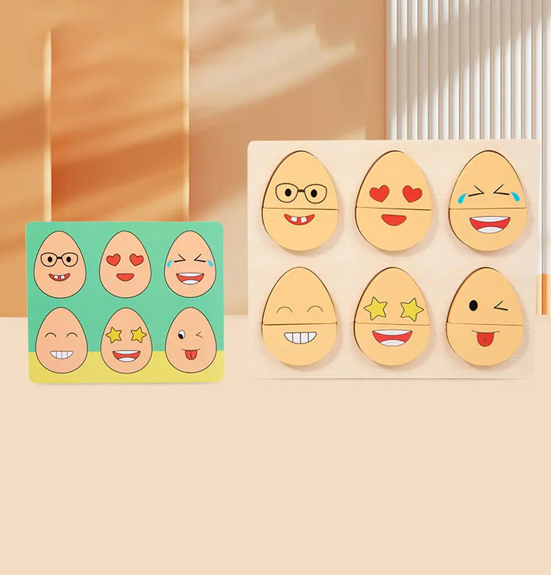 Jeu des expressions du visage avec mini puzzles œufs en bois et cartes illustrées