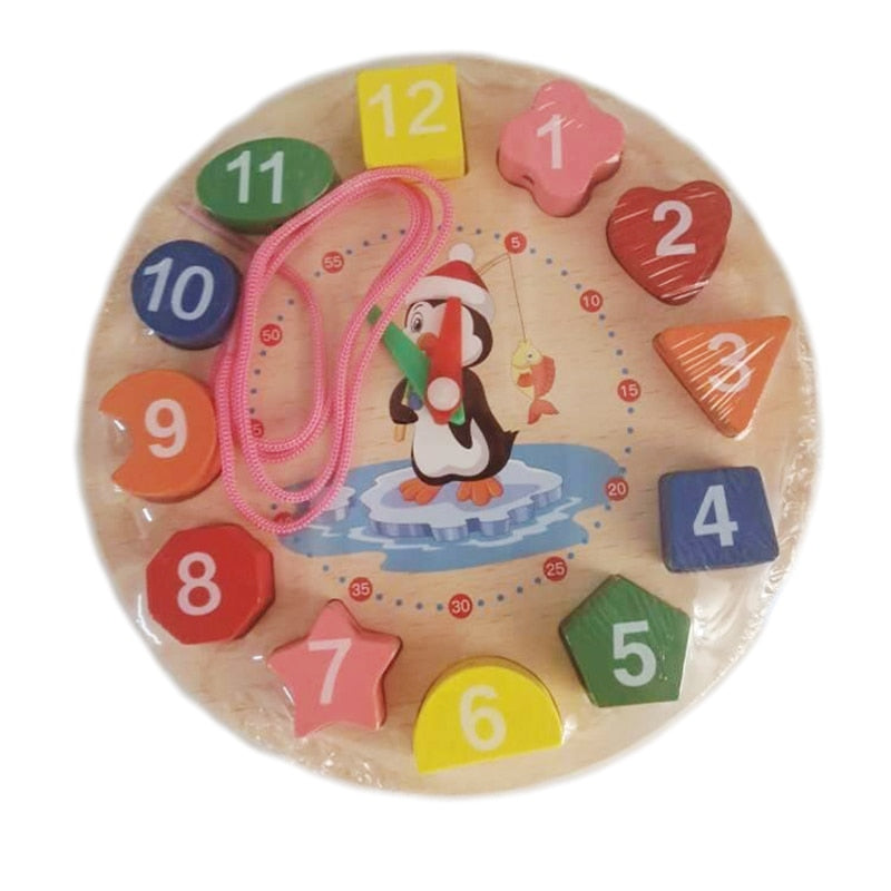 Horloge puzzle en bois avec formes et chiffres colorés Pingouin debout