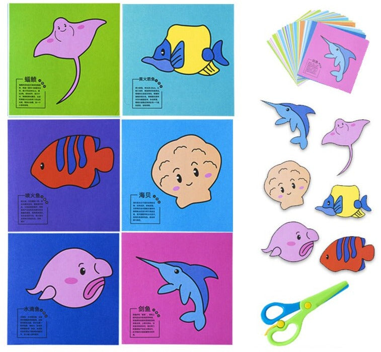 Kits pour activité de découpage avec 60 dessins rigolos et ciseaux enfants Océan 