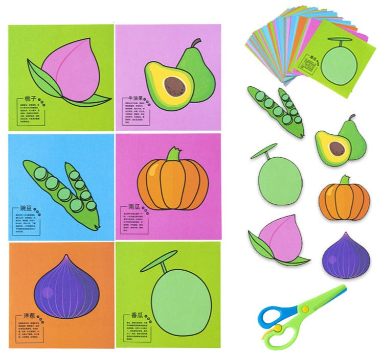 Kits pour activité de découpage avec 60 dessins rigolos et ciseaux enfants Aliments 