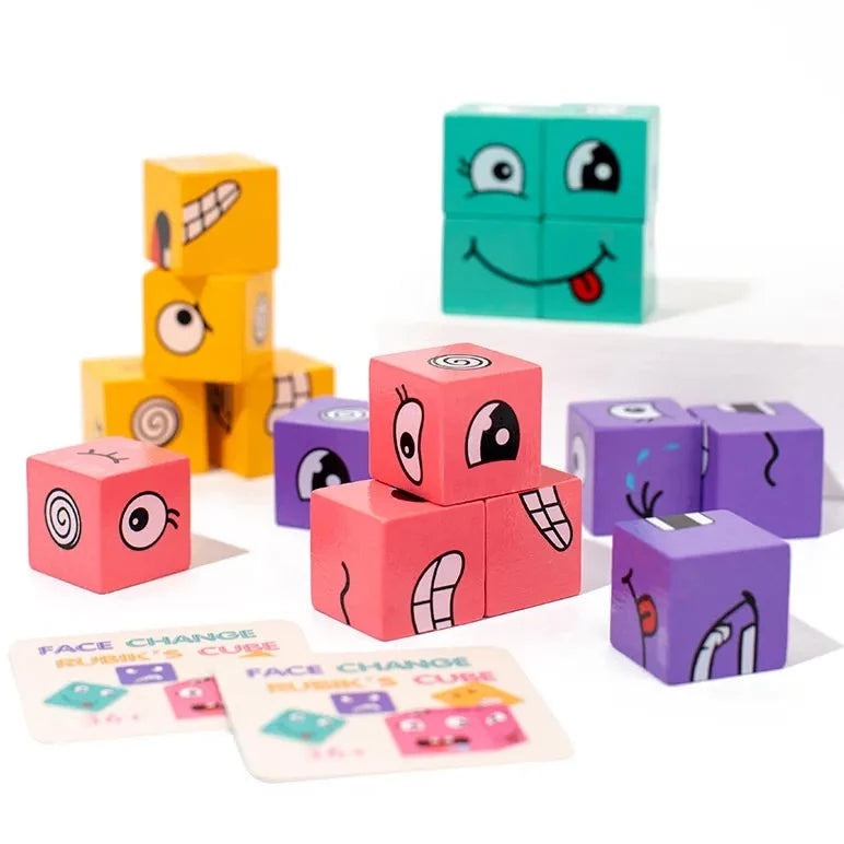 Jeu des expressions du visage avec cubes colorés en bois et cartes illustrées 