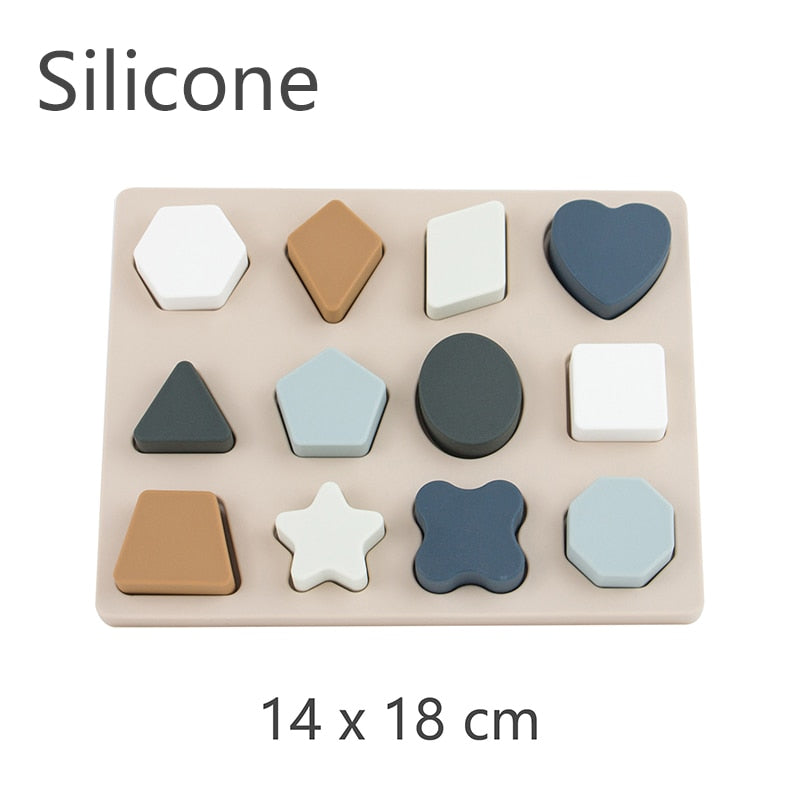 Puzzles en bois et silicone pour l'apprentissage précoce des formes. 12 pièces tons bleus 