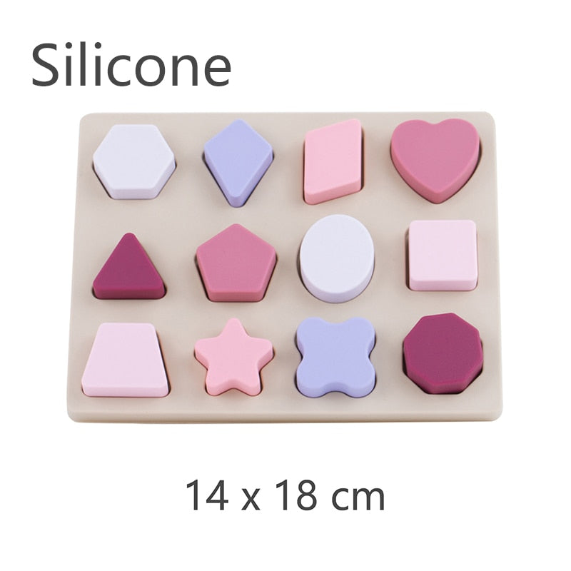 Puzzles en bois et silicone pour l'apprentissage précoce des formes. 12 pièces tons roses 