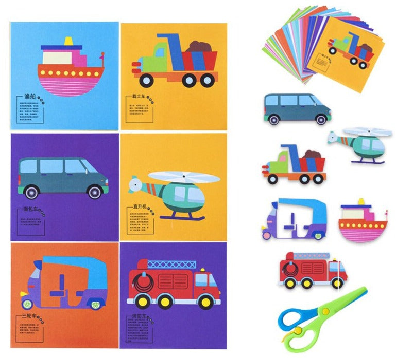 Kits pour activité de découpage avec 60 dessins rigolos et ciseaux enfants Véhicules 