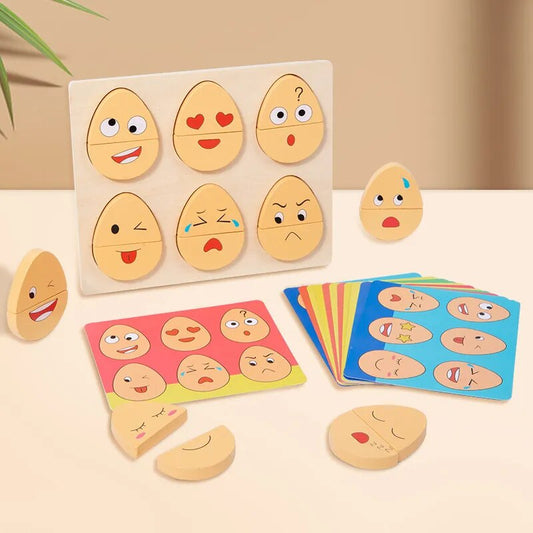 Jeu des expressions du visage avec mini puzzles œufs en bois et cartes illustrées