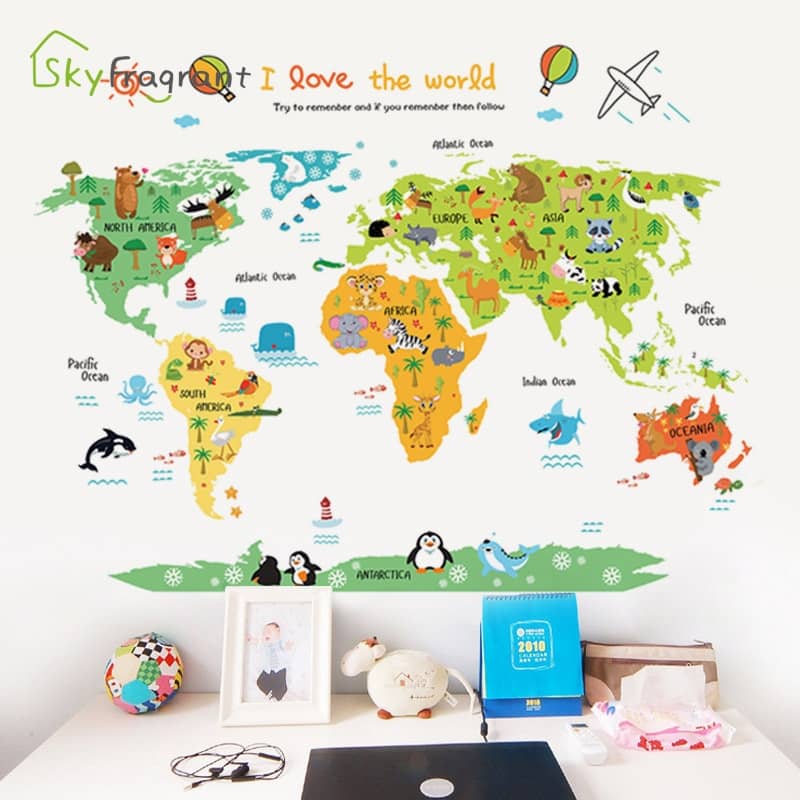 Autocollant mural carte du monde avec animaux dessin animé, décoration de chambre d'enfant 