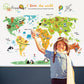 Autocollant mural carte du monde avec animaux dessin animé, décoration de chambre d'enfant 