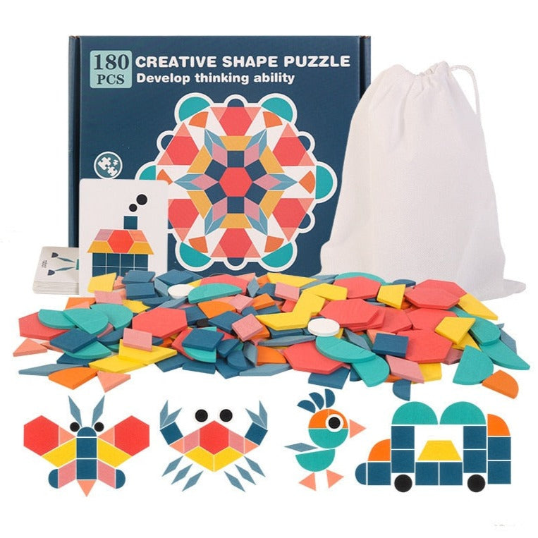 Ensemble de 180 pièces de puzzle en bois coloré avec modèles à reproduire 