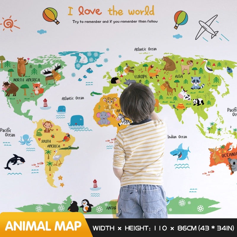 Autocollant mural carte du monde avec animaux dessin animé, décoration de chambre d'enfant Default Title