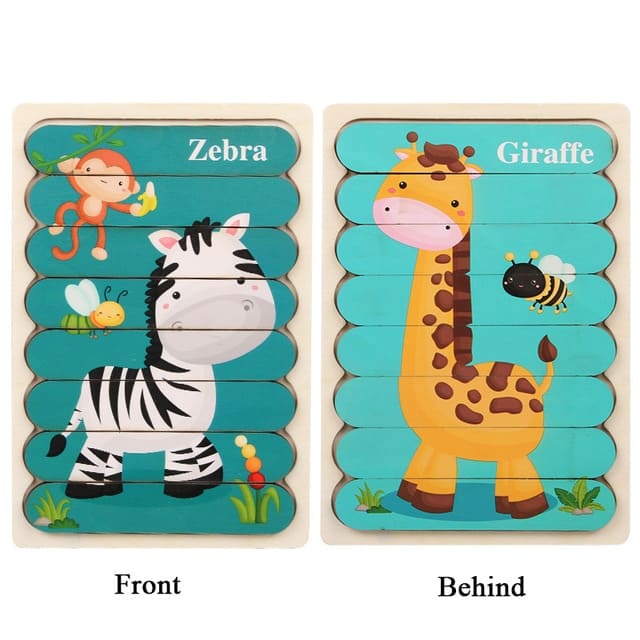 Puzzle bâtonnets en bois à empiler avec un dessin sur chaque face Zèbre - Giraphe