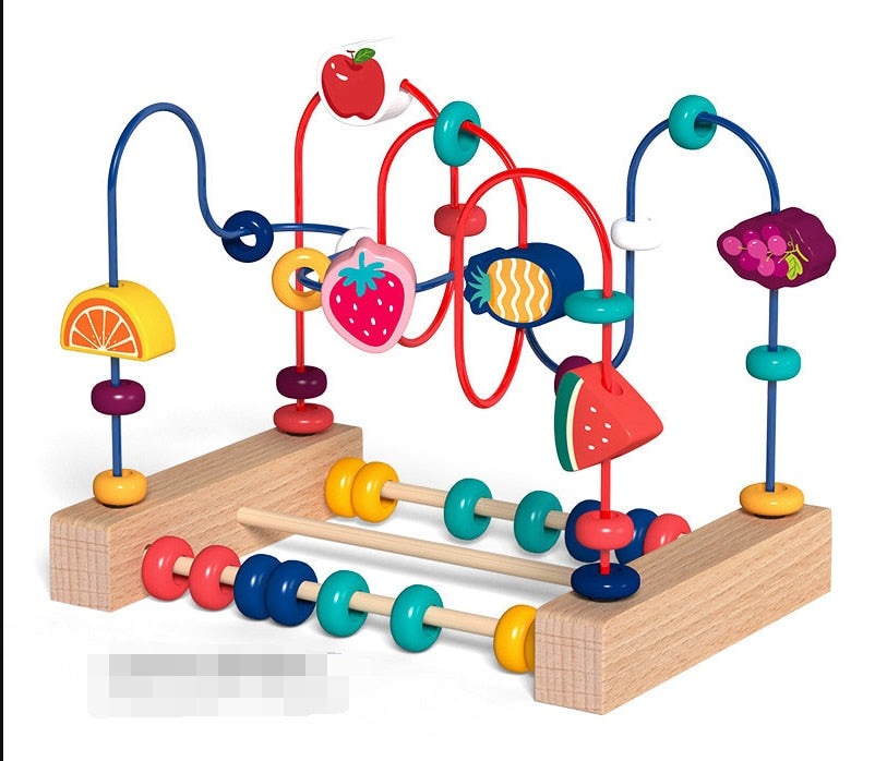 Labyrinthes de perles et figurines en bois avec boulier dans le socle Fruits 2