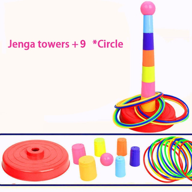 Tour Jenga + anneaux à lancer jeu d'adresse 1 tour + 9 anneaux